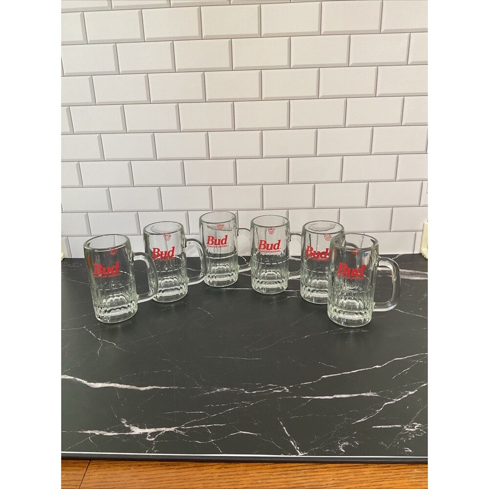 Set Of 6 Official BUDWEISER Glass Mugs 5.50” "BUD" King Of Beers